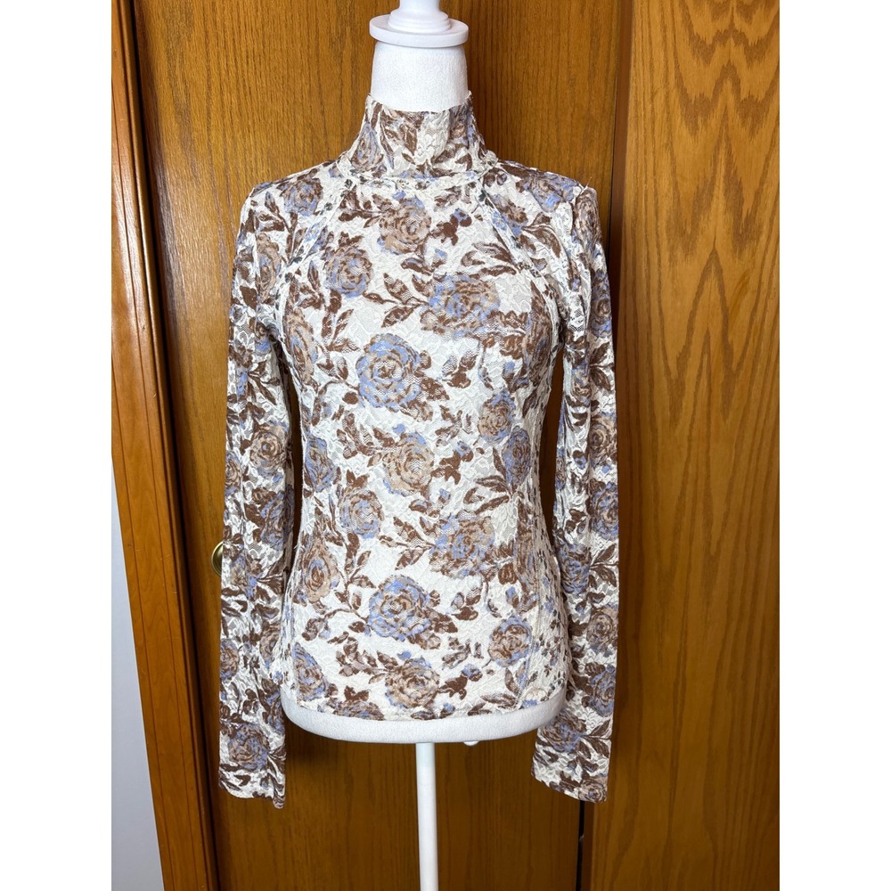 Free People Lyric Floral Lace Mock Neck Long Sleeve Top Brown Blue Rose Size M - Picture 3 of 11